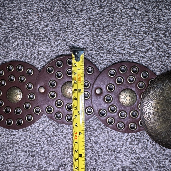 Round Studded Brown Leather Belt with Antique Brass Medallions - Picture 4 of 8